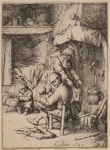 Peasant Family in an Interior wtih the Father Feeding a Child by Adriaen van Ostade, print, 1648