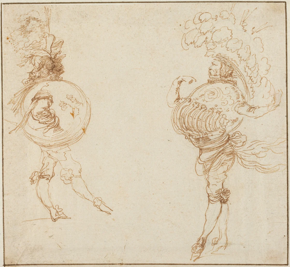 Two Men in Masquerade Costumes: The Earth and a Parade Helmet by Stefano della Bella, drawing, 1645