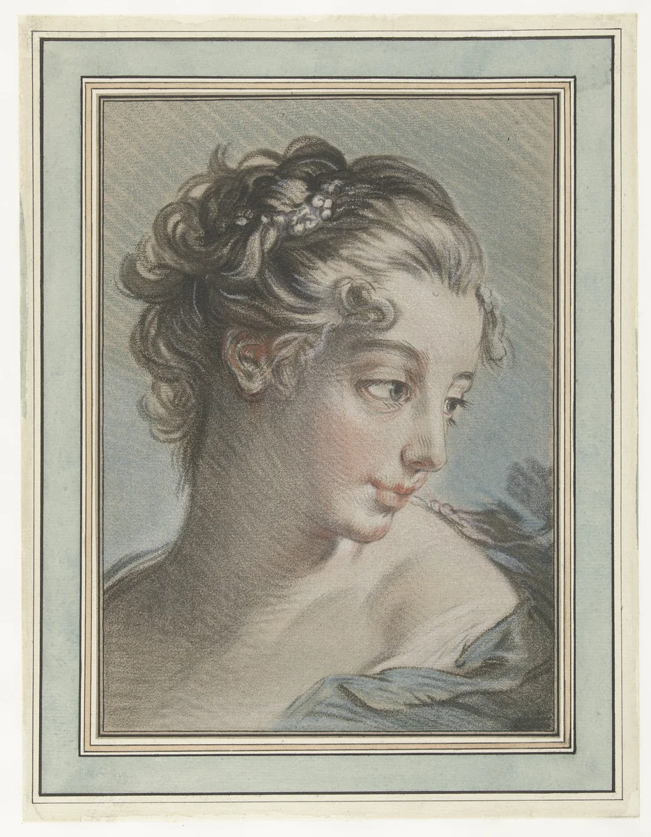 Buste van een jonge vrouw by Louis Marin Bonnet, print, 1767-1768