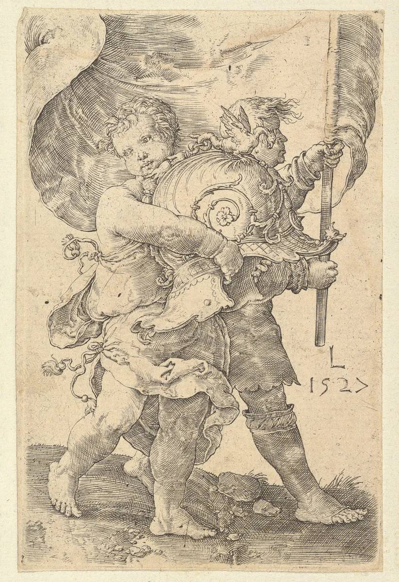 Two Boys with a Helmet and Standard by Lucas van Leyden, print, 1527