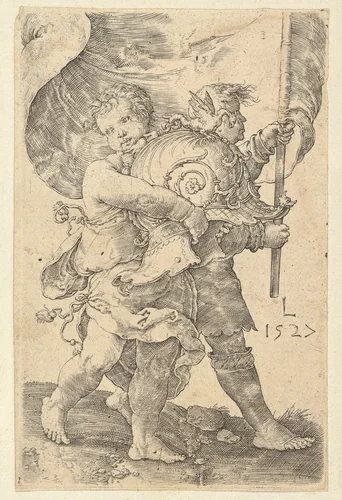 Two Boys with a Helmet and Standard by Lucas van Leyden, print, 1527