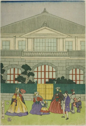 Residence of French Merchant at Port of Yokohama (Yokohama ko Furansu shokan no zu) by Utagawa Yoshikazu, print, 1866