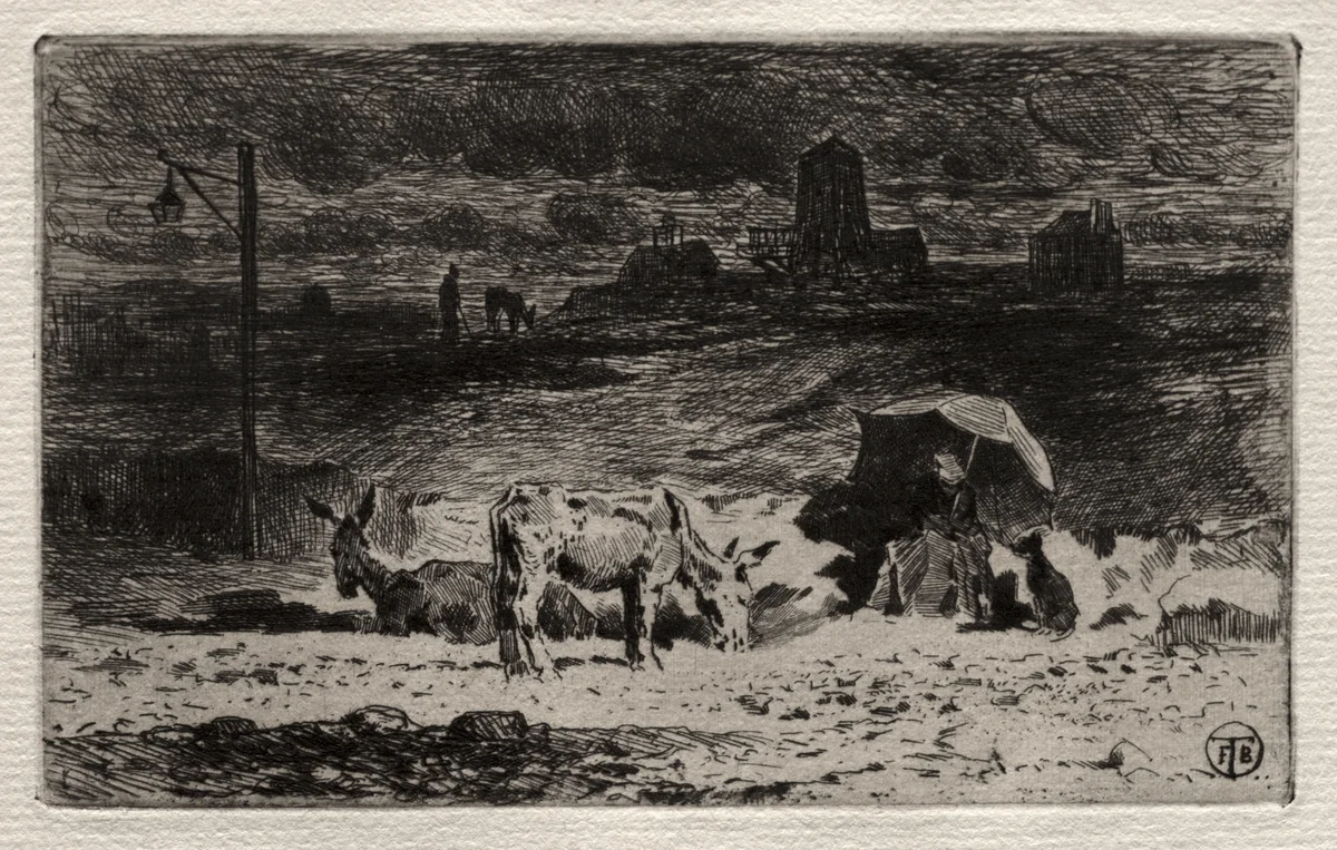 The Donkeys at the Hill of the Cailles by Félix Hilaire Buhot, print, 1870-1880