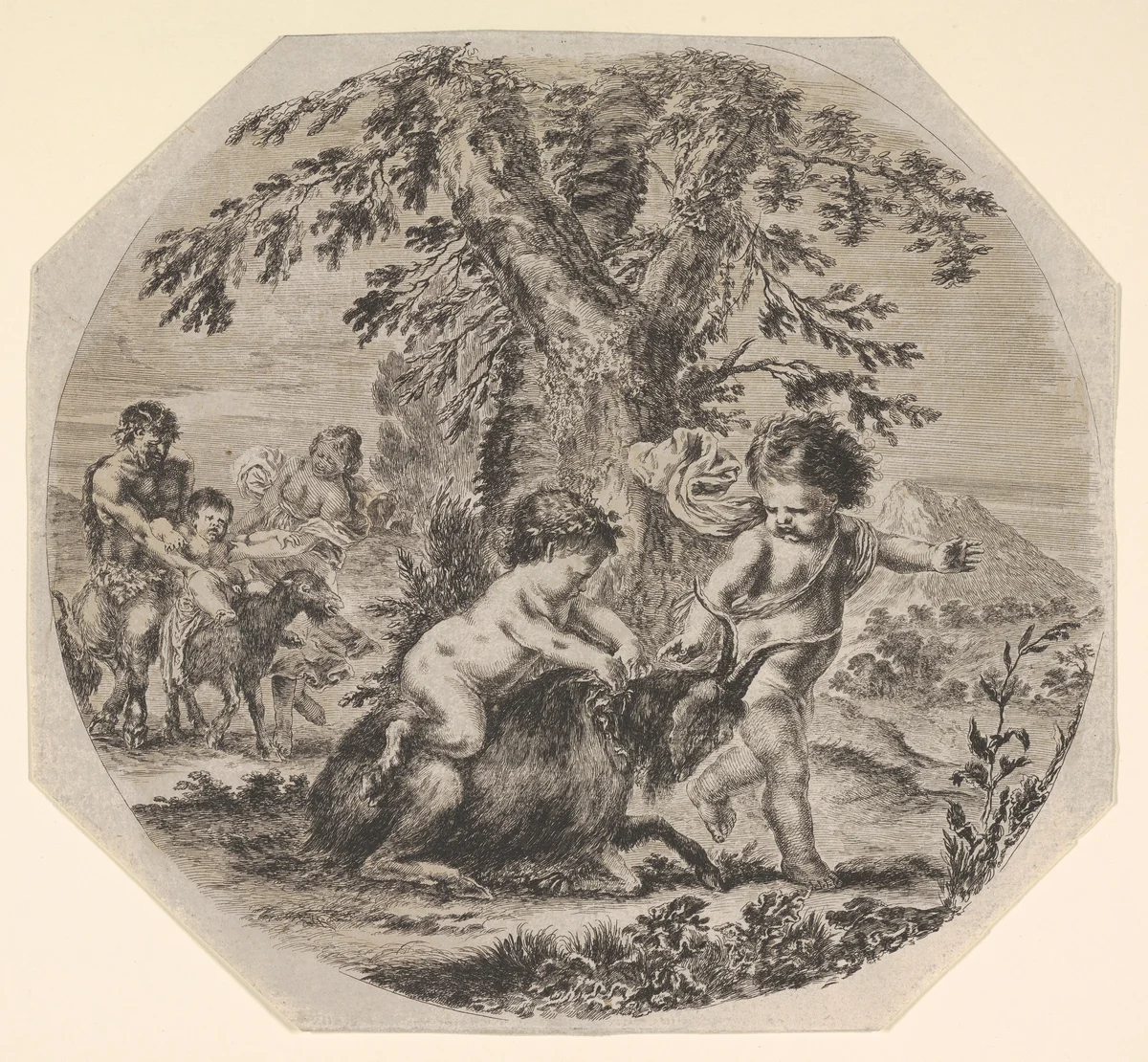 Two children playing with a goat in center, turned towards the right, a child satyr sitting atop the goat, the other child gesturing towards the right, a satyr and a woman watching their child ride a goat in the background by Stefano della Bella, print, 1655-1660
