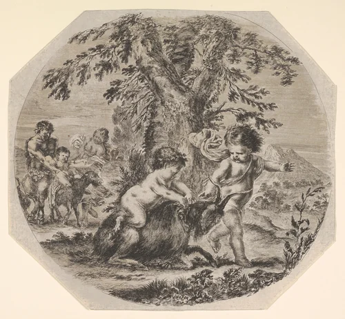 Two children playing with a goat in center, turned towards the right, a child satyr sitting atop the goat, the other child gesturing towards the right, a satyr and a woman watching their child ride a goat in the background by Stefano della Bella, print, 1655-1660