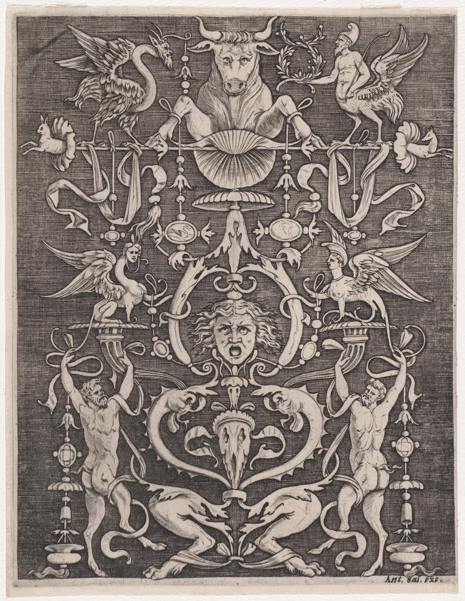 Ornamental Panel by Agostino Veneziano, print, 1514-1536