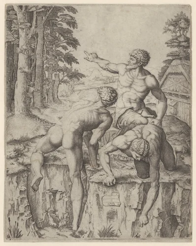 Drie naakte mannen in landschap by Marcantonio Raimondi, print, 1510