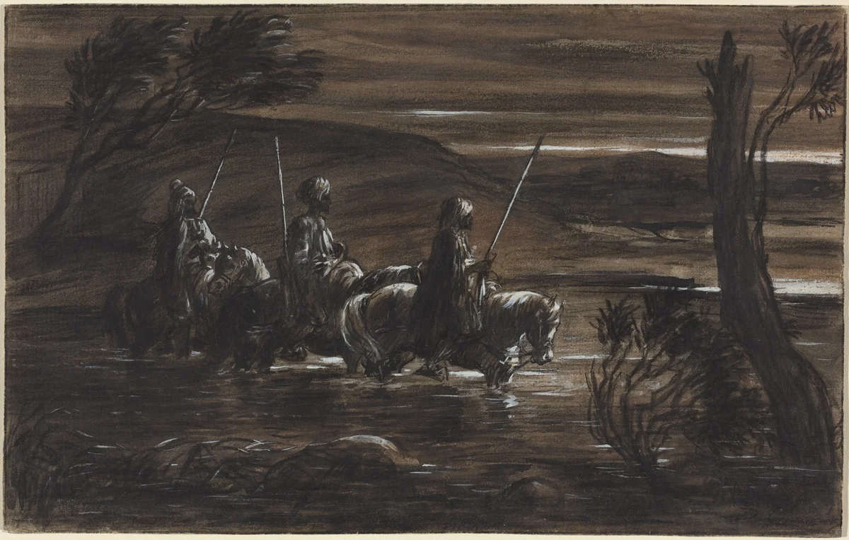 Three Arab Horsemen Crossing a River by Alexandre-Gabriel Decamps, drawing, 1803-1860