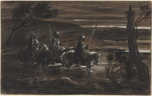 Three Arab Horsemen Crossing a River by Alexandre-Gabriel Decamps, drawing, 1803-1860