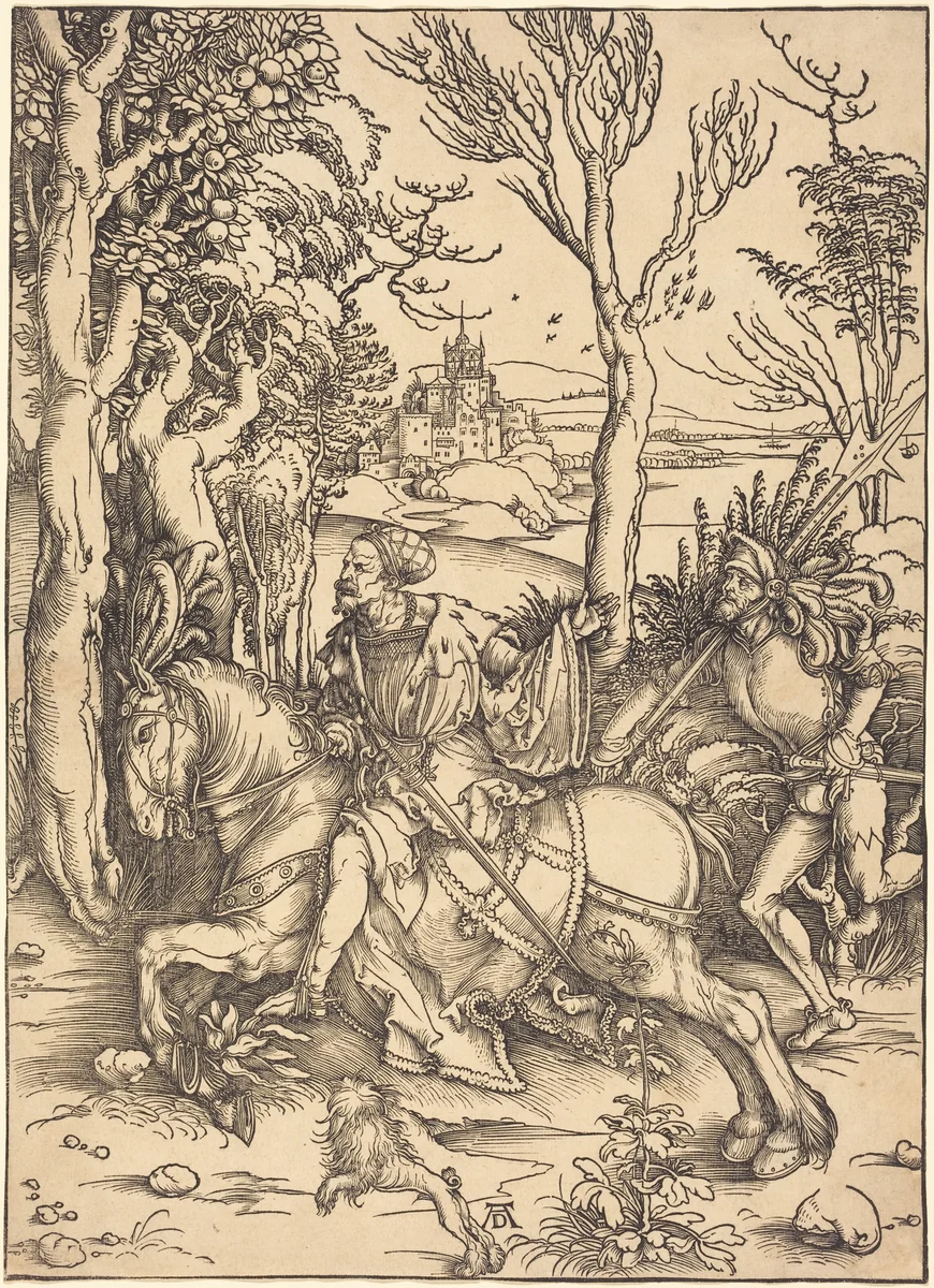 The Knight on Horseback and the Lansquenet by Albrecht Dürer, print, 1496-1497