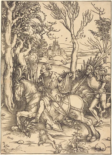 The Knight on Horseback and the Lansquenet by Albrecht Dürer, print, 1496-1497