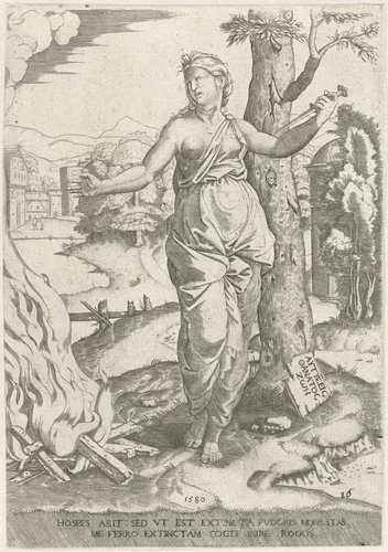 Dido doodt zichzelf met dolk naast brandstapel by anonymous, print, 1580