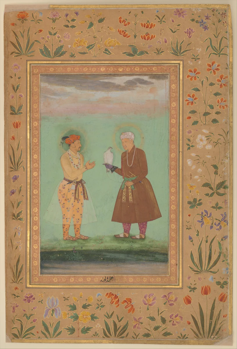 "Jahangir and his Father, Akbar", Folio from the Shah Jahan Album by Balachand, manuscript, 1515-1655