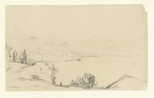 Gezicht op Salerno en Vietri, op de voorgrond een weg langs het meer by anonymous, drawing, 1800-1900