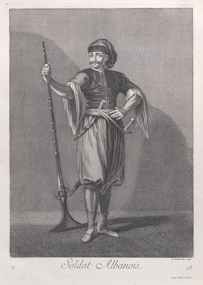 Soldat Albanois, plate 78 from "Recueil de cent estampes représentent differentes nations du Levant" by Jean Baptiste Vanmour, print, 1714-1715