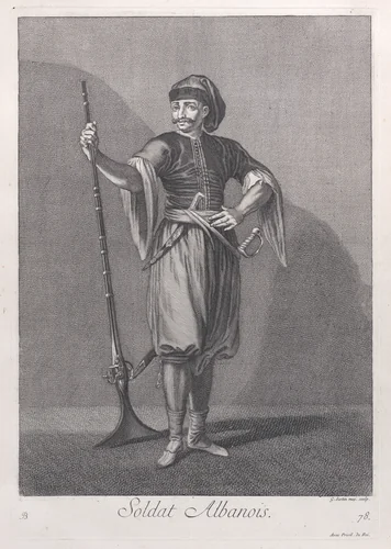 Soldat Albanois, plate 78 from "Recueil de cent estampes représentent differentes nations du Levant" by Jean Baptiste Vanmour, print, 1714-1715