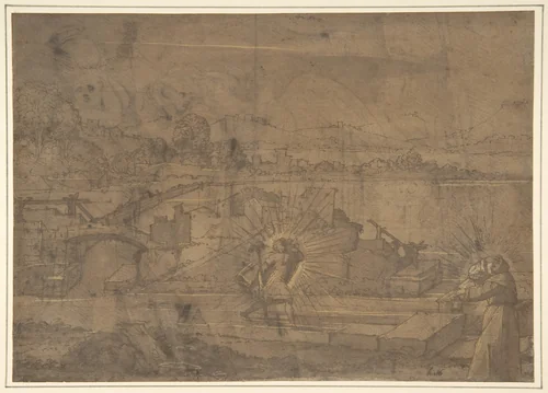 Landscape with Saint Christopher and Male Monastic Saint (recto); Victory Crowning a Warrior, and Two Other Figures (verso) by anonymous, drawing, 1500-1600