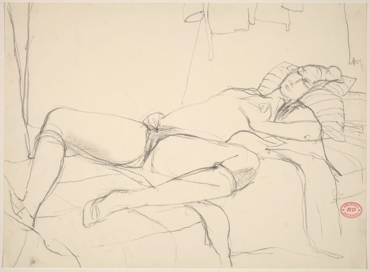Untitled [female nude reclining on a bed] by Richard Diebenkorn, drawing, 1955-1967