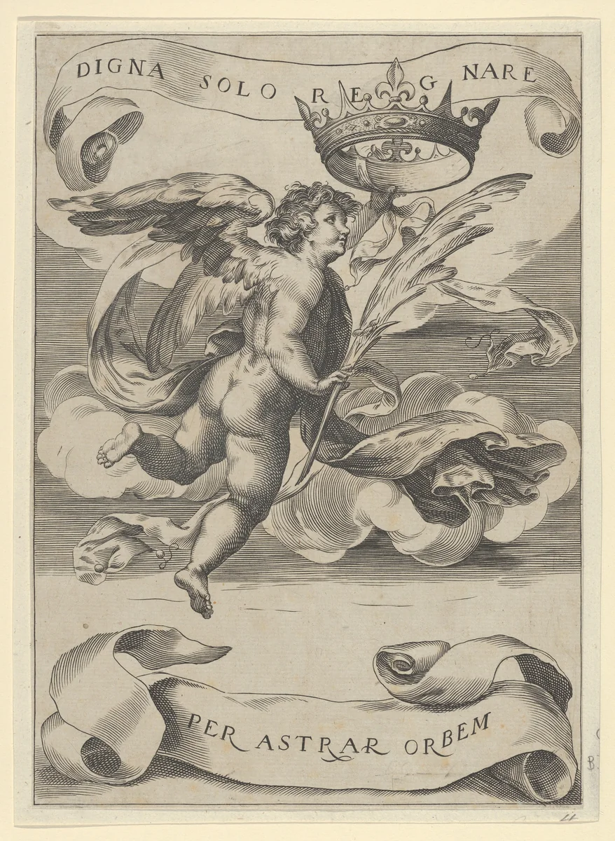 Winged genius holding the Crown of Tuscany in his left hand and a palm in his right by Cherubino Alberti, print, 1620-1700