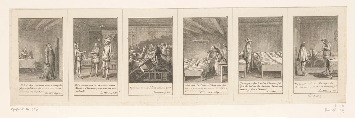Zes voorstellingen uit Lesage's Gil Blas de Santillane by Daniel Nikolaus Chodowiecki, print, 1783