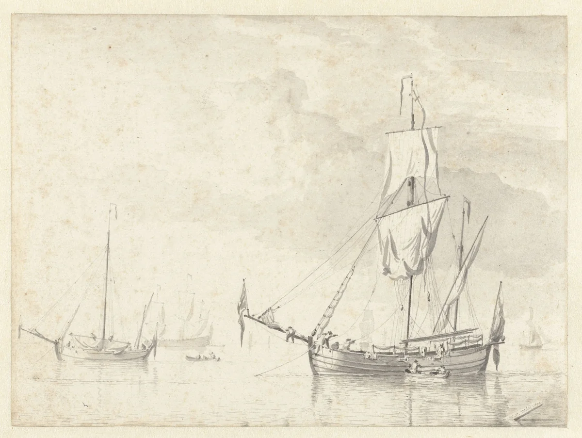 Enkele vaartuigen op een kalme zee by Willem van de Velde, drawing, 1674
