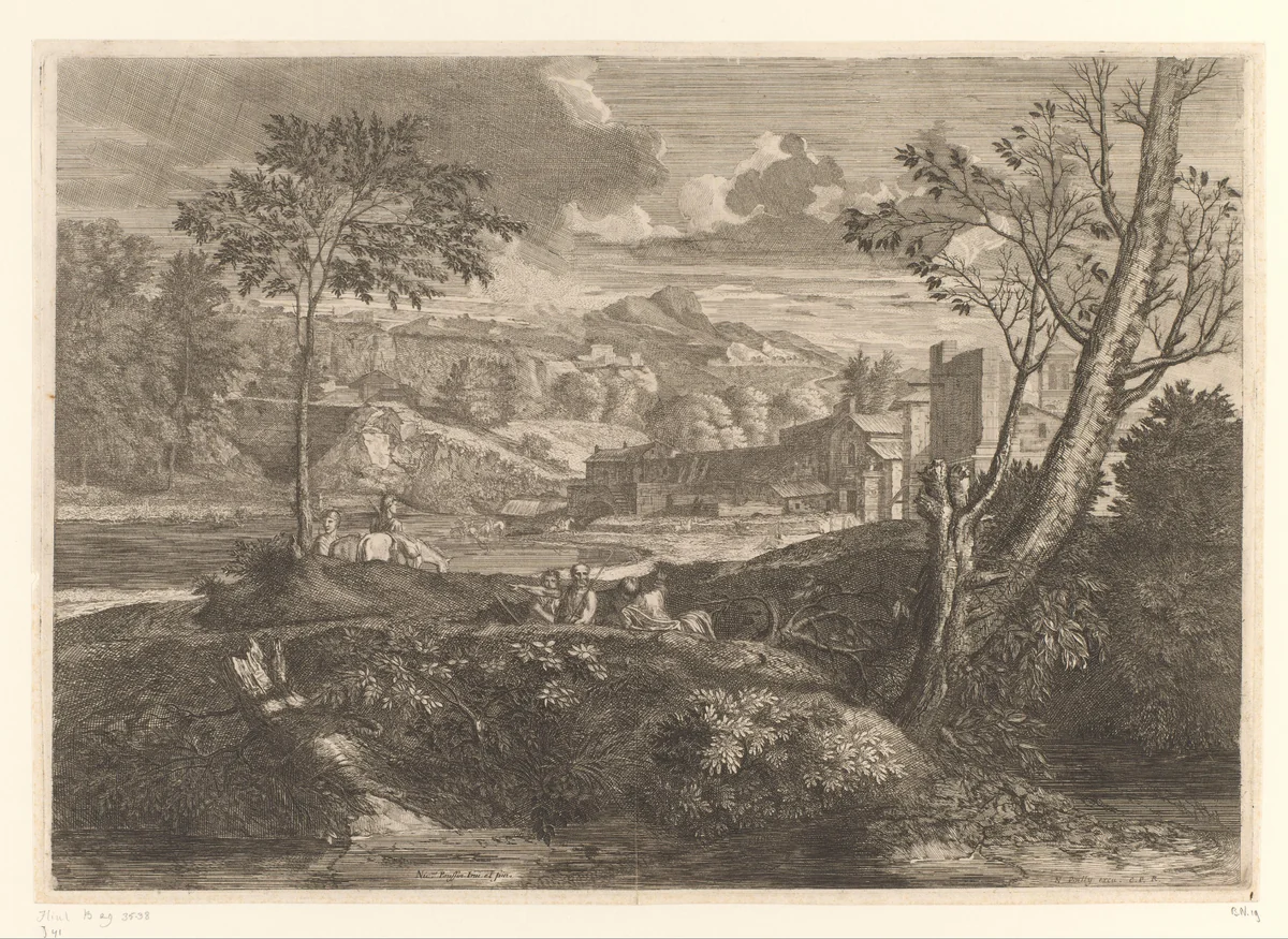 Landschap met drie rustende mannen en overige figuren te paard by Louis de Châtillon, print, 1649-1696