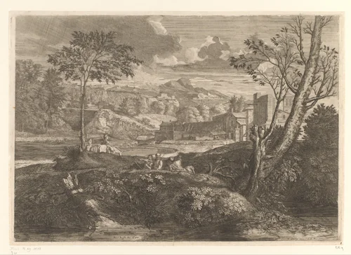 Landschap met drie rustende mannen en overige figuren te paard by Louis de Châtillon, print, 1649-1696