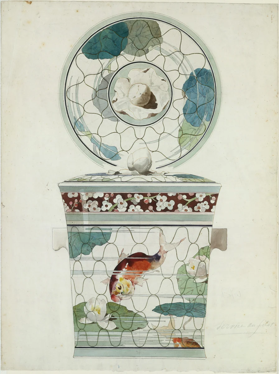 Design for a Covered Dish in the "Service au Filet" (Fish Net Ware), Maison J. Vieillard et Cie, Bordeaux by Amédée de Caranza, drawing, 1875-1885