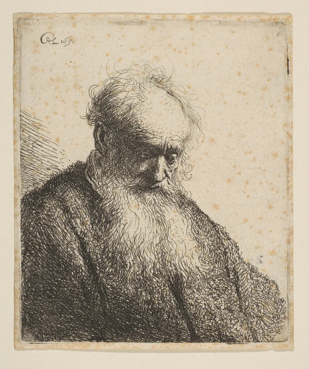 Bust of an Old Man with Flowing Beard: the Head Inclined Three-Quarters Right by Rembrandt van Rijn, print, 1630