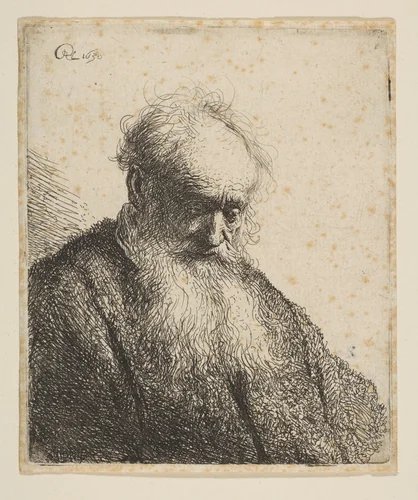 Bust of an Old Man with Flowing Beard: the Head Inclined Three-Quarters Right by Rembrandt van Rijn, print, 1630