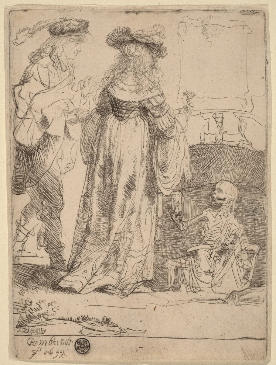 Death Appearing to a Wedded Couple from an Open Grave by Rembrandt van Rijn, print, 1639