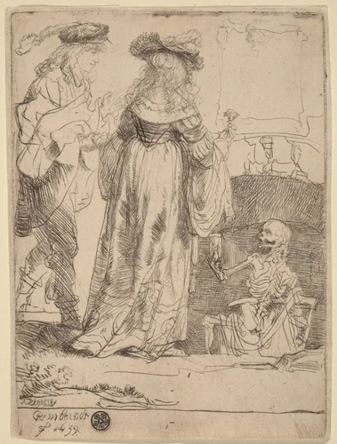 Death Appearing to a Wedded Couple from an Open Grave by Rembrandt van Rijn, print, 1639