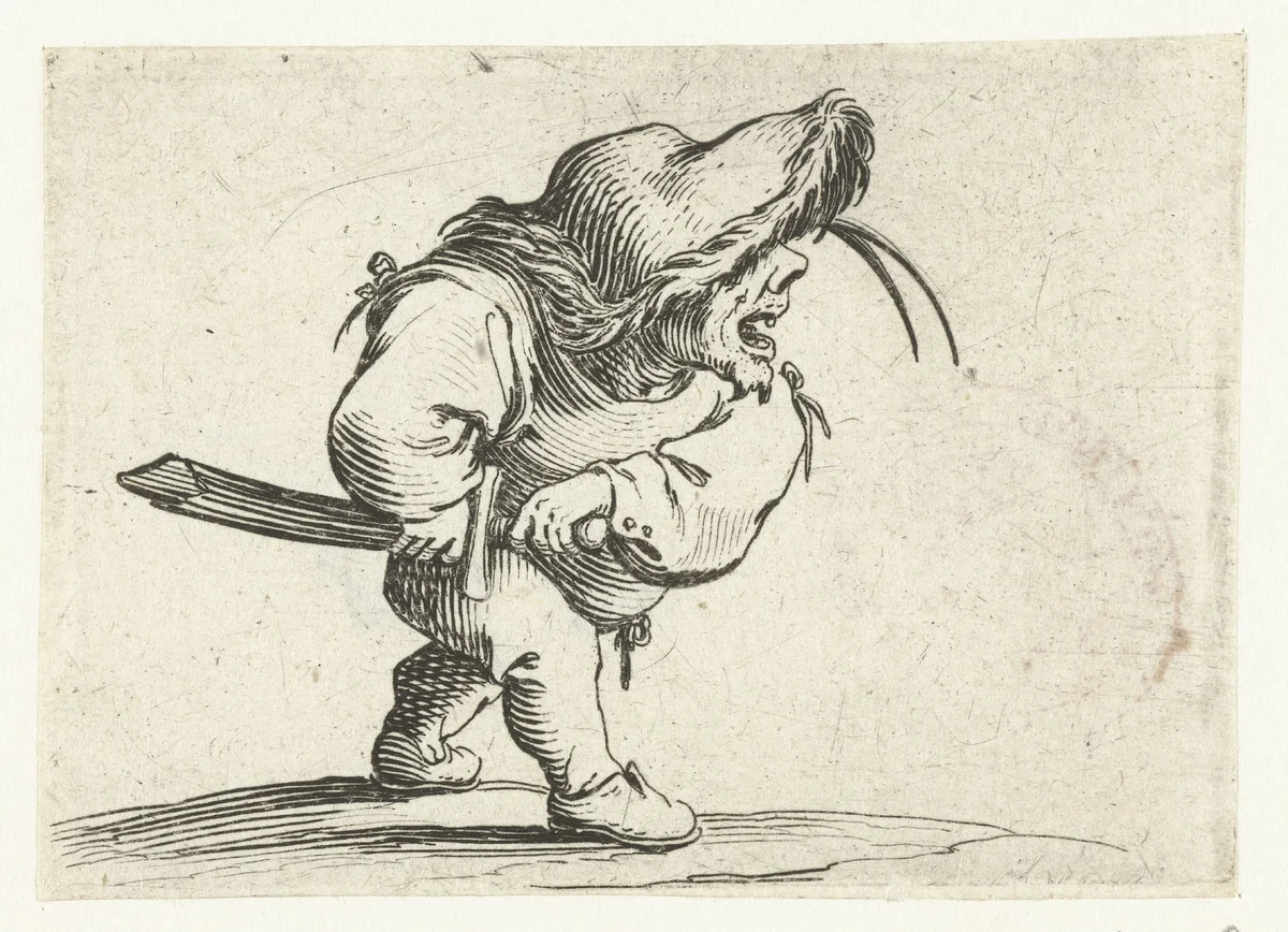 Kleine mens (karikatuur) met zwaard, in aanvallende houding by Jacques Callot, print, 1621-1625
