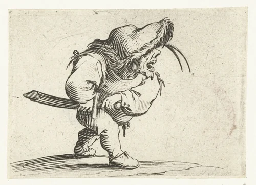 Kleine mens (karikatuur) met zwaard, in aanvallende houding by Jacques Callot, print, 1621-1625
