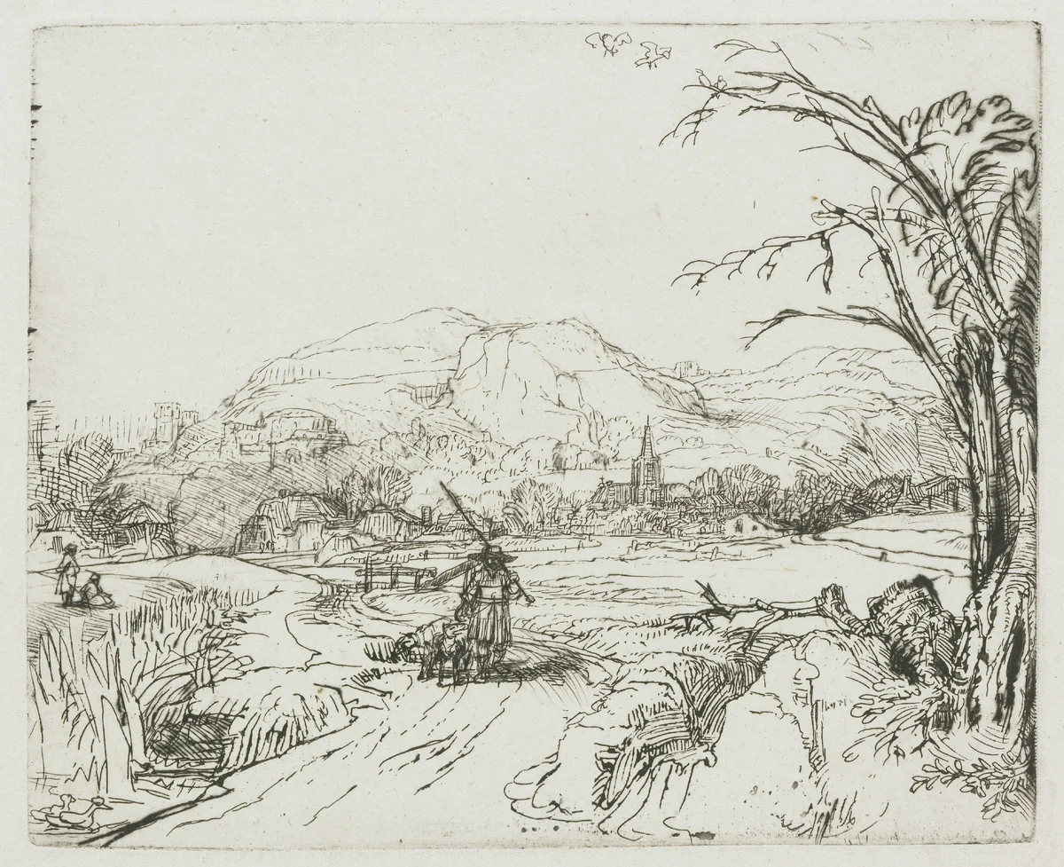 Landscape with sportsman and dogs by Rembrandt van Rijn, print, 1648