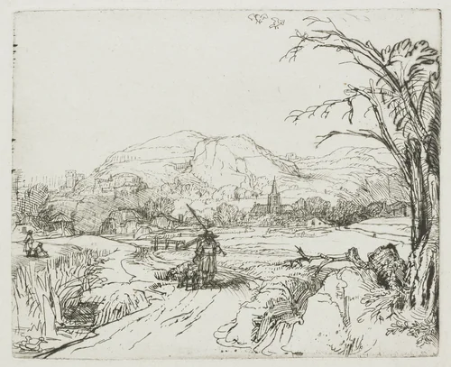 Landscape with sportsman and dogs by Rembrandt van Rijn, print, 1648