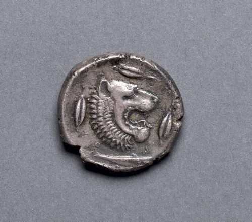 Tetradrachm: Head of Lion, Barley, Riverfish (reverse) by Unknown, metalwork, -466--422