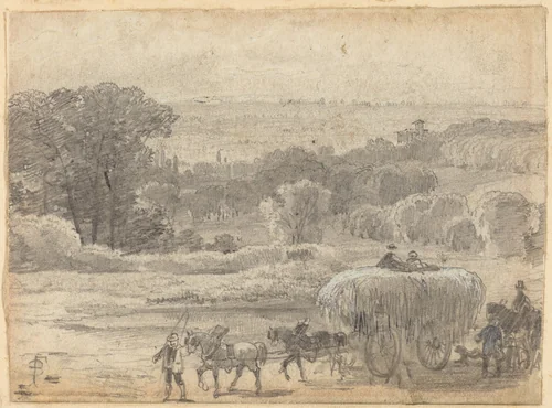 An Evening Landscape with a Hay Wagon by Myles Birket Foster, drawing, 1825-1899