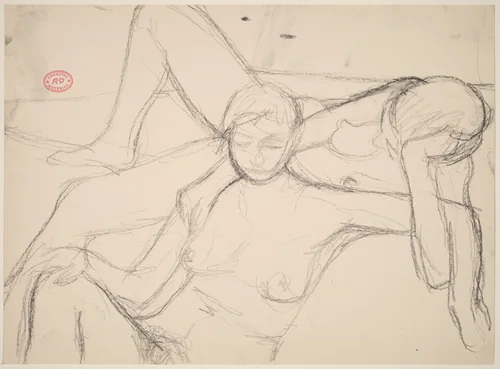 Untitled [seated female nude locking arms with a reclining one] by Richard Diebenkorn, drawing, 1955-1967