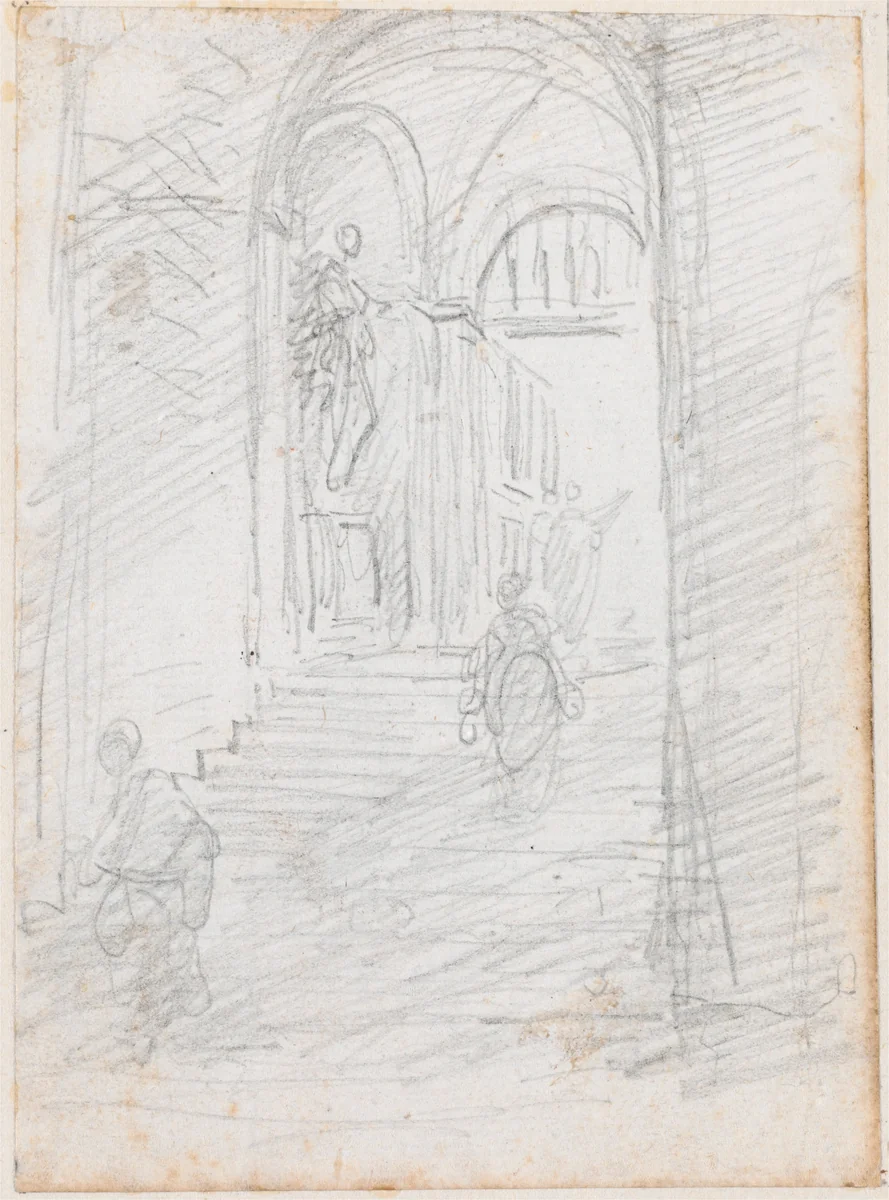Figures on a Monumental Interior Stairway [recto] by Hubert Robert, drawing, 1754-1765