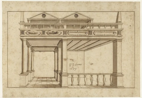 Constructietekening in perspectivisch doorzicht van een gallerij by Teunis Jansz Croon, drawing, 1659