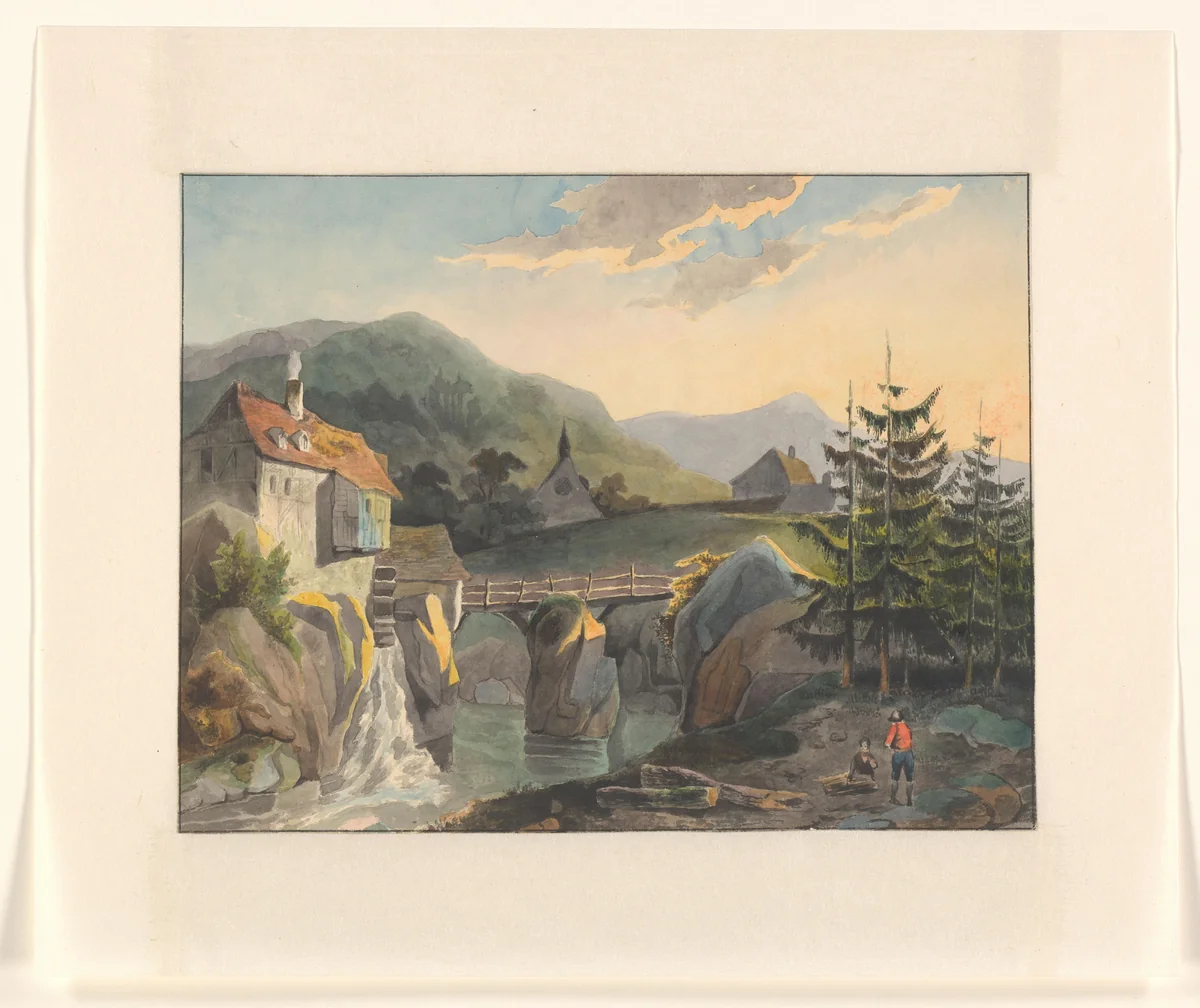 Berglandschap met een watermolen en brug over een rivier by Johannes van Reijn, drawing, 1800-1900
