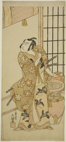The Actor Sawamura Sojuro II as Kudo Suketsune (?) in the Play Edo no Hana Wakayagi Soga (?), Performed at the Ichimura Theater (?) in the Second Month, 1769 (?) by Ippitsusai Buncho, print, 1764-1774