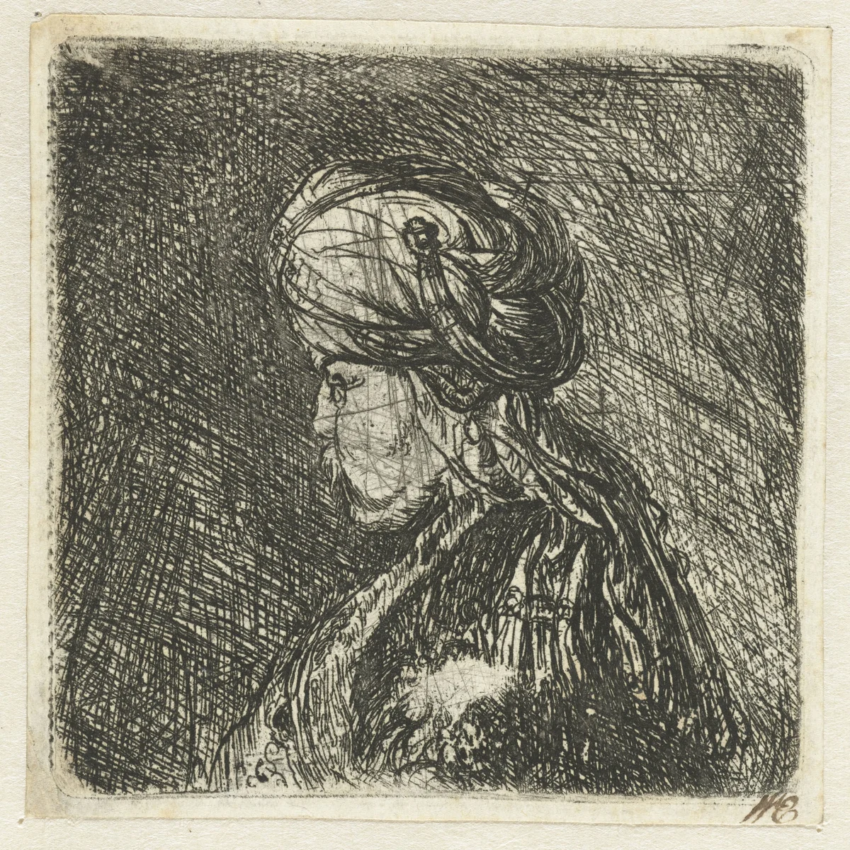 Borstbeeld van man met tulband by anonymous, print, 1625-1674