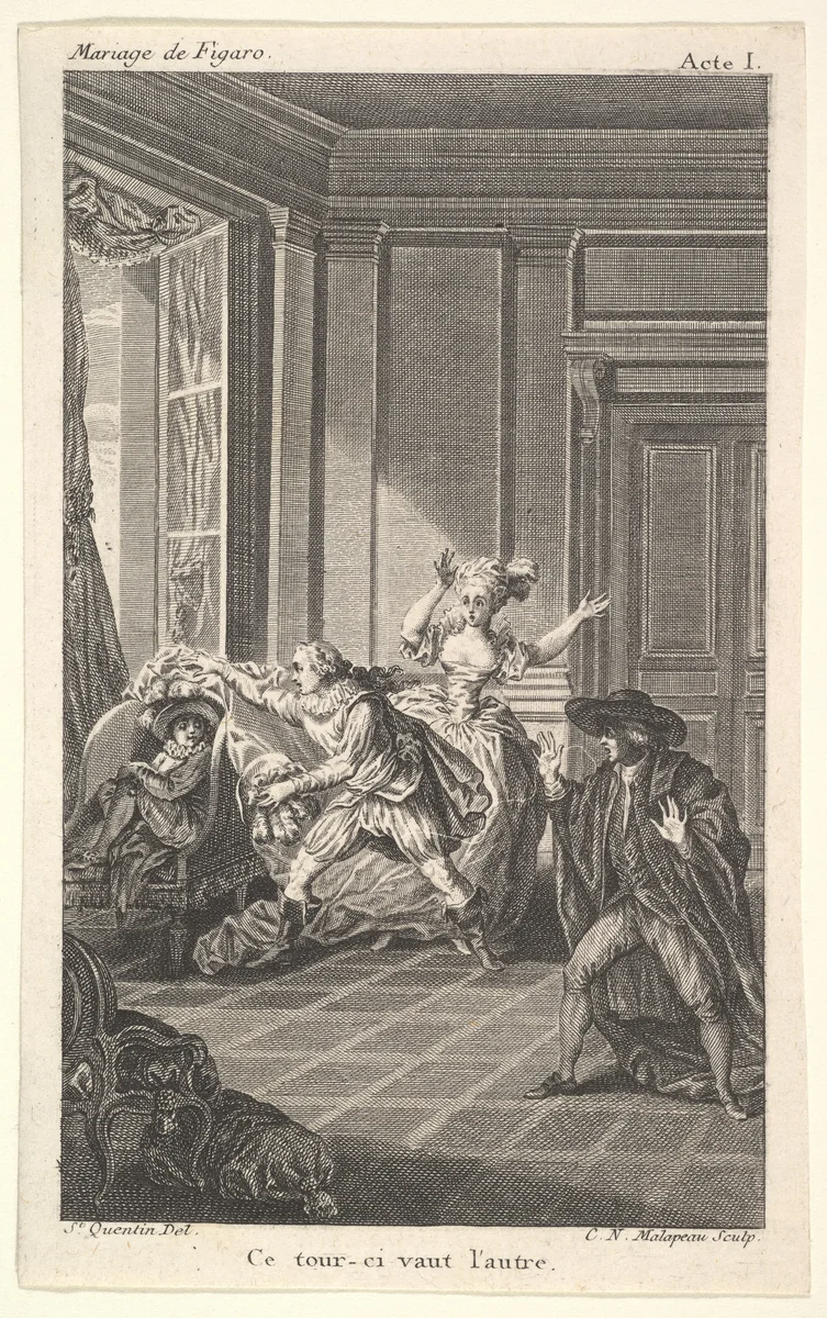 A man curled up in a chair looks toward another man who approaches him from the left in an interior setting, a woman and a man stand nearby with their hands raised, from a series of five illustrations after Jacques Philippe Joseph de Saint-Quentin for 'The mad day, or the marriage of Figaro' (La Folle journée, ou le mariage de Figaro) by Pierre Augustin Caron de Beaumarchais by Jacques Philippe Joseph de Saint Quentin, print, 1784