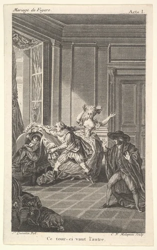 A man curled up in a chair looks toward another man who approaches him from the left in an interior setting, a woman and a man stand nearby with their hands raised, from a series of five illustrations after Jacques Philippe Joseph de Saint-Quentin for 'The mad day, or the marriage of Figaro' (La Folle journée, ou le mariage de Figaro) by Pierre Augustin Caron de Beaumarchais by Jacques Philippe Joseph de Saint Quentin, print, 1784