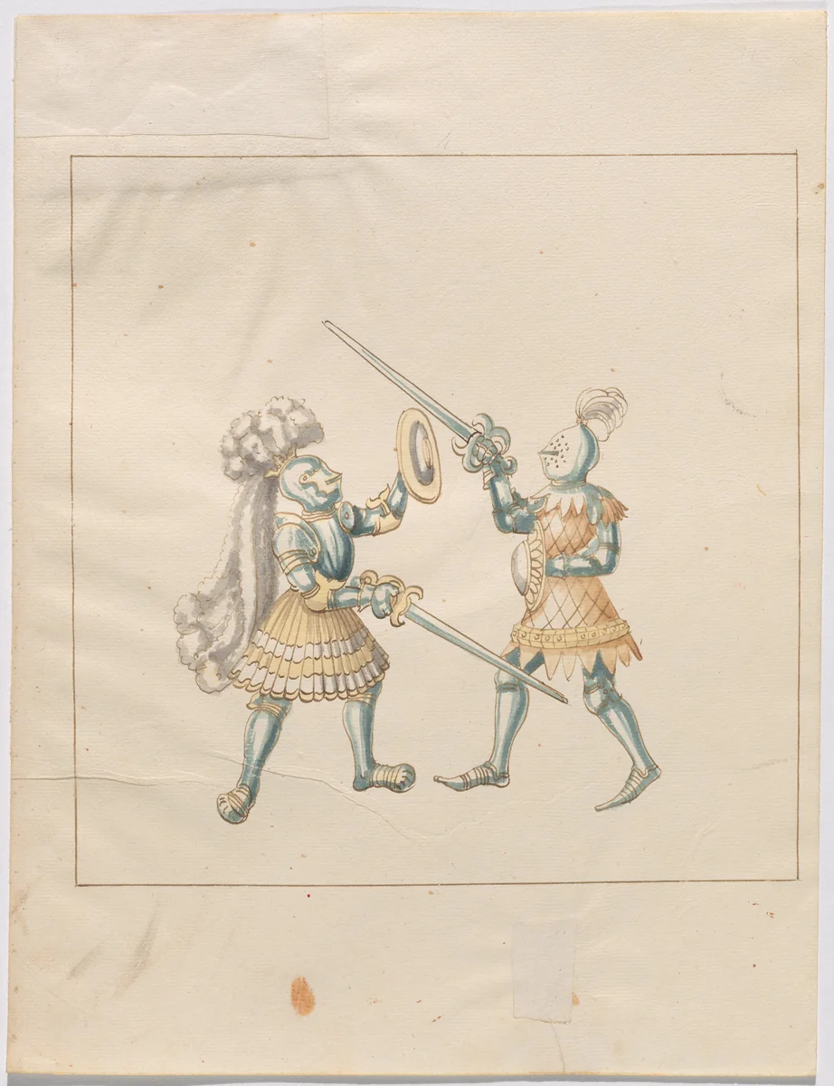 Foot Combat with Swords and Buckler Shields by German 16th Century, drawing, 1515