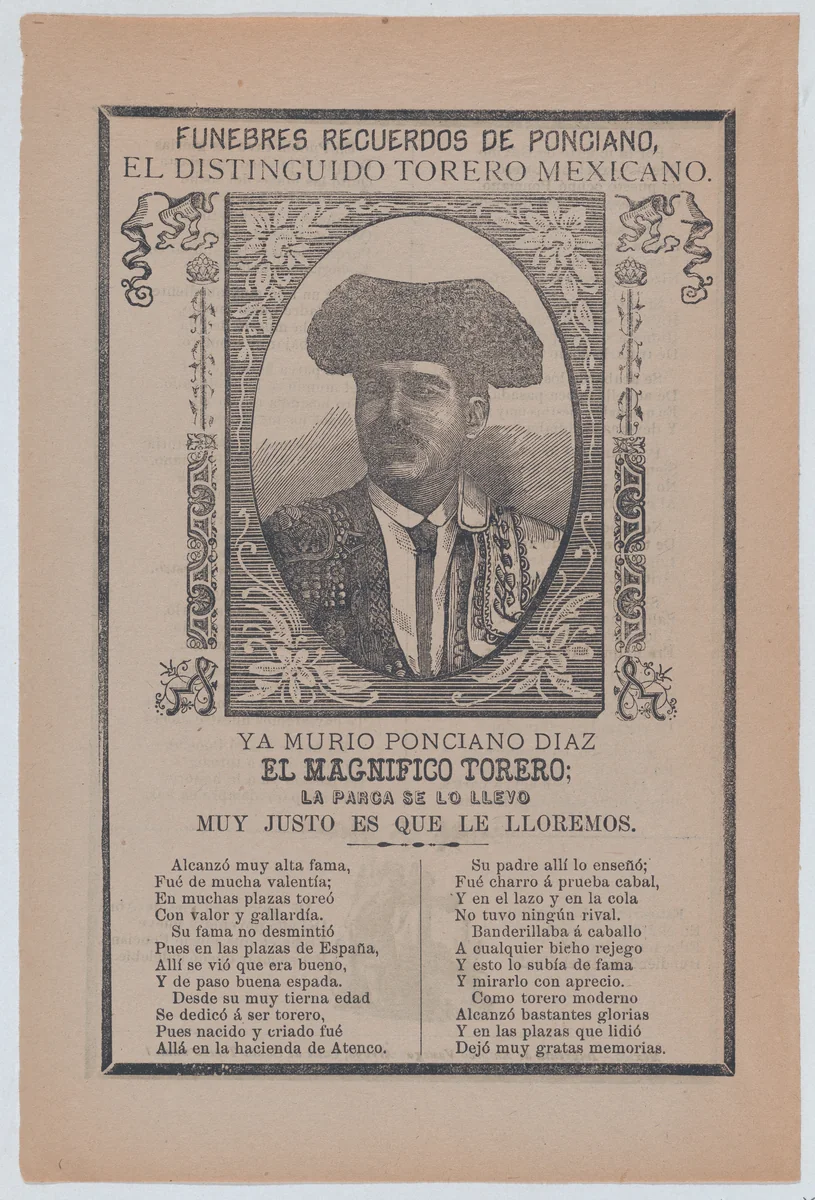 Broadsheet relating to the death of a torero named Ponciano Diaz who is portrayed by José Guadalupe Posada, print, 1885-1895