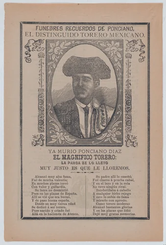 Broadsheet relating to the death of a torero named Ponciano Diaz who is portrayed by José Guadalupe Posada, print, 1885-1895