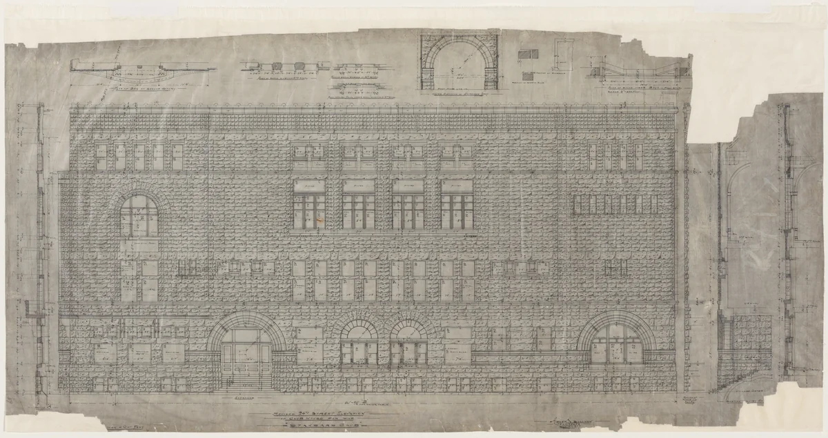 Revised 24th Street Elevation for Standard Club, Chicago, Illinois, Details and Sections by Adler & Sullivan, drawing, 1886-1890